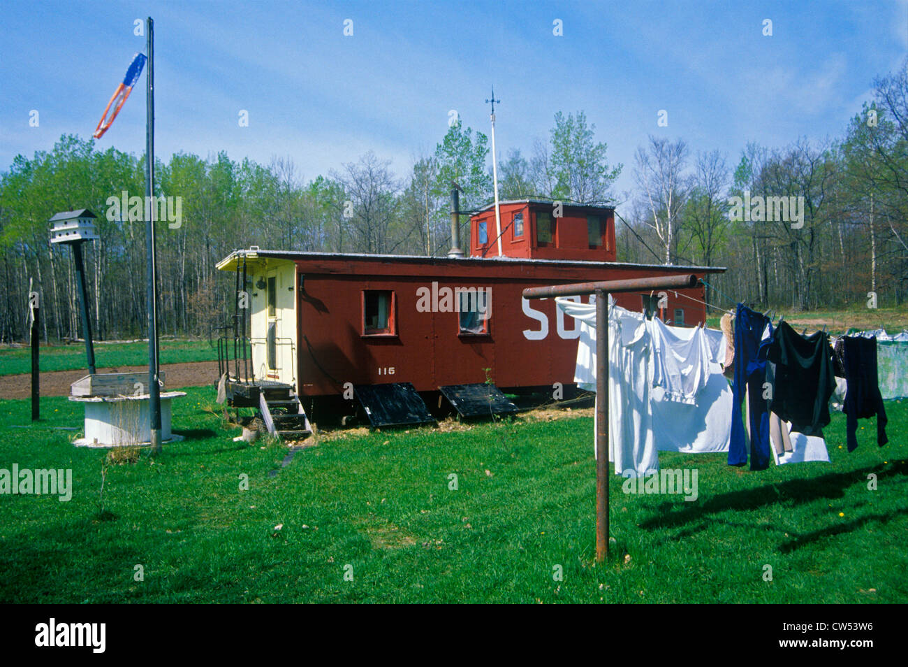 Rimorchio residenziale con servizio lavanderia in cantiere, WI Foto Stock