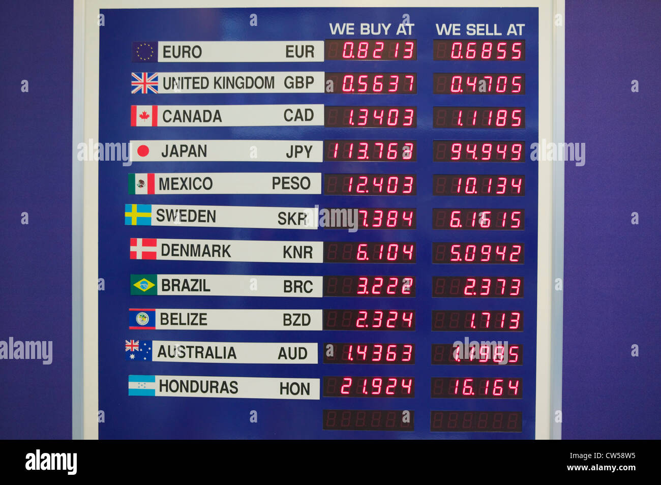 Foreign Exchange board presso un aeroporto internazionale, Stati Uniti Foto Stock