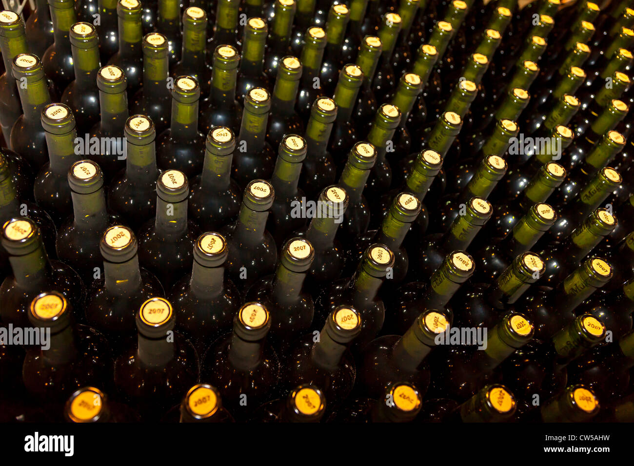 Le bottiglie di vino schierate per imballaggio in cantina, Haro, La Rioja, Spagna, Europa. Foto Stock