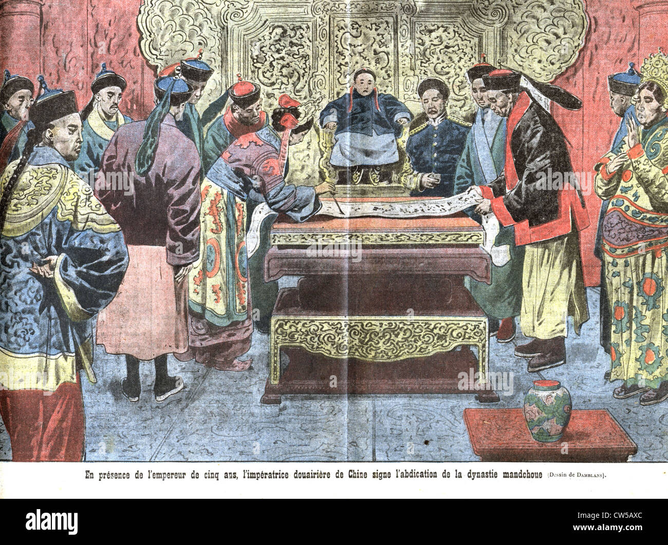 Annuncio Repubblica Cina Empress Dowager in presenza di 5-anno-vecchio segno imperatore abdicazione dinastia mancesi. / In 'Le Pèlerin' Foto Stock