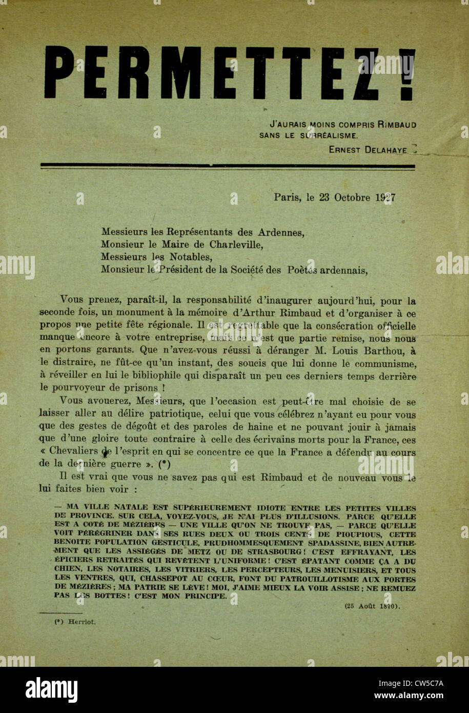 Ernest Delahaye manifesto pubblicato al momento inaugurazione in Charleville-Mézières un monumento in memoria di Arthur Rimbaud Foto Stock