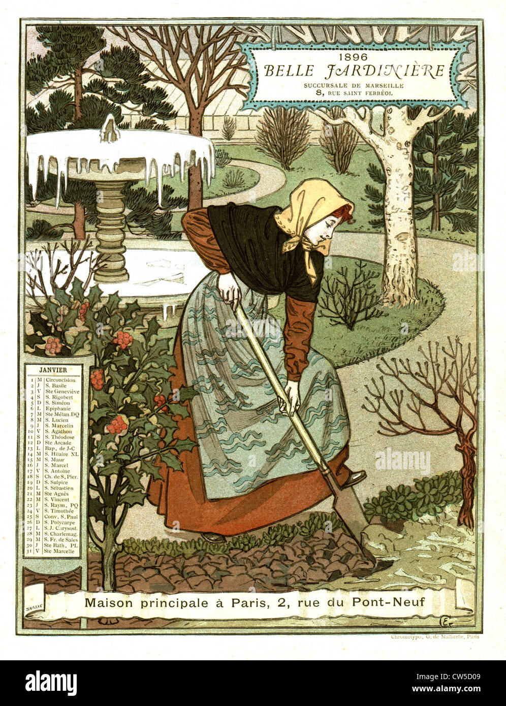 Belle jardinière calendario del mese di gennaio, donna lo scavo di un giardino Foto Stock