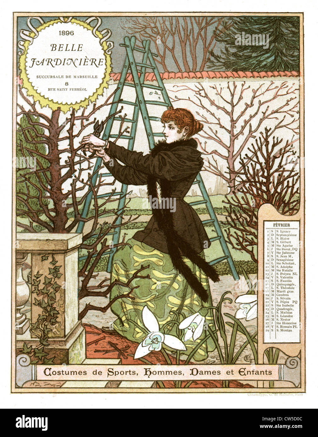 Belle jardinière calendario mese di febbraio la donna la potatura di un albero Foto Stock