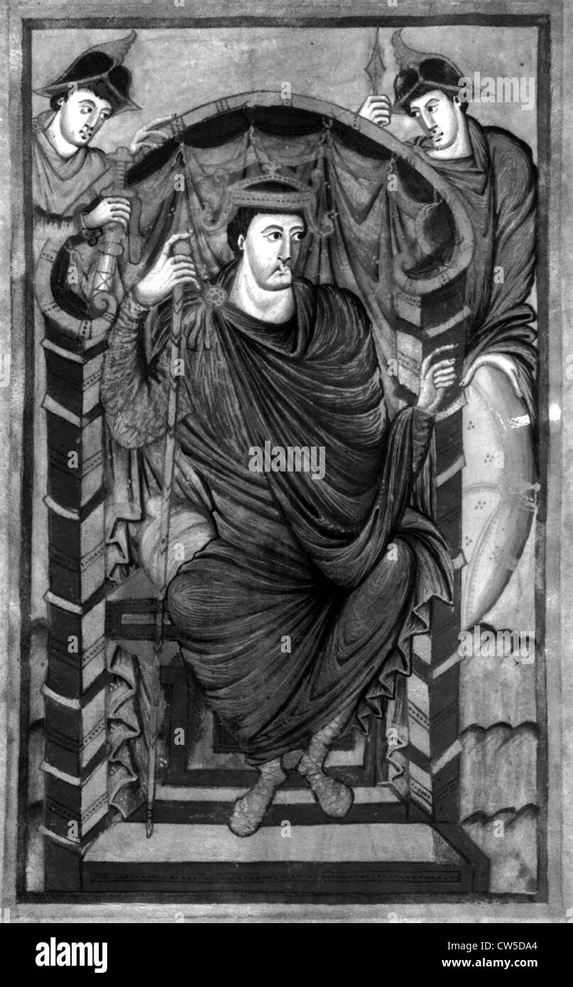 Vangeli di Lothar: Imperatore Lothar I (795-855) sul suo trono, fiancheggiata da due protezioni Foto Stock