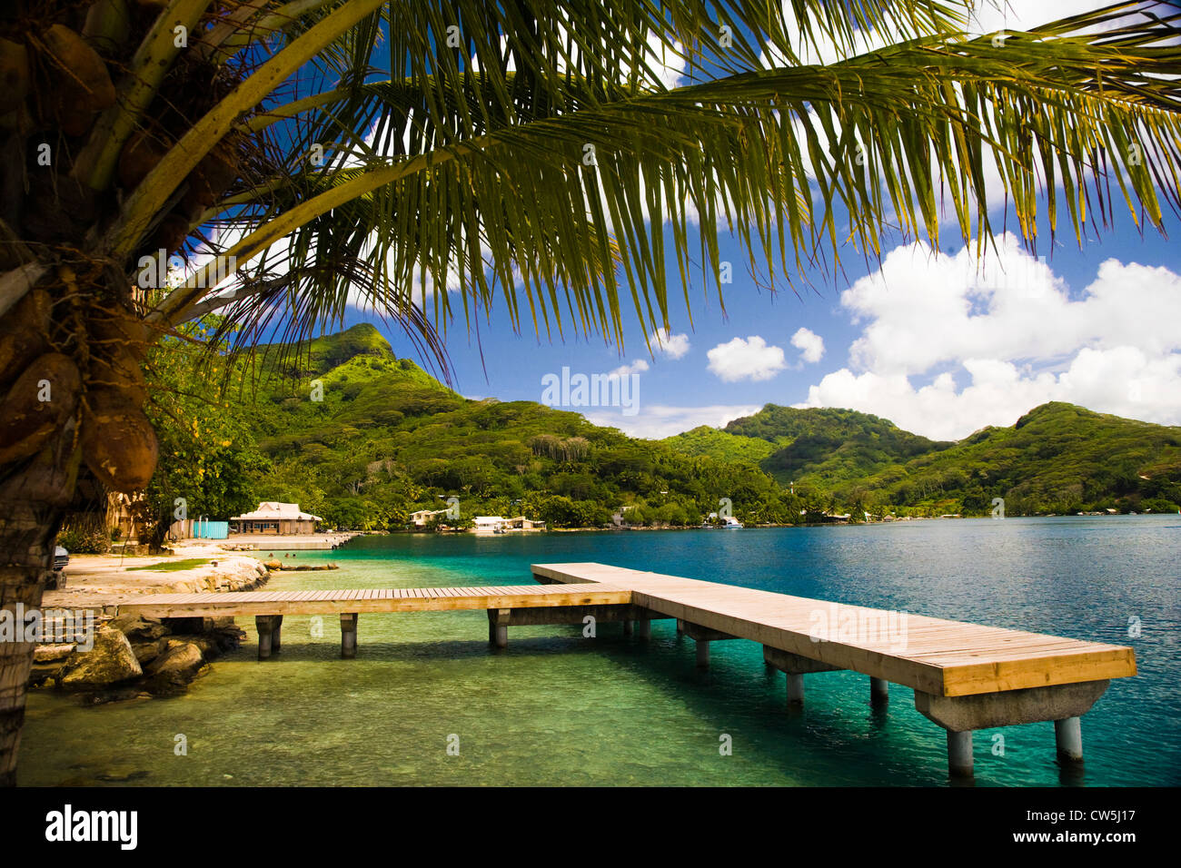 Pier sulla spiaggia, Huahine Isola, Tahiti, Polinesia Francese Foto Stock