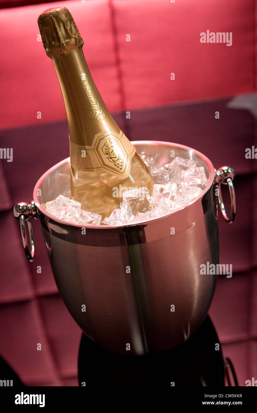 Bottiglia di Champagne in un secchiello per il ghiaccio Foto Stock