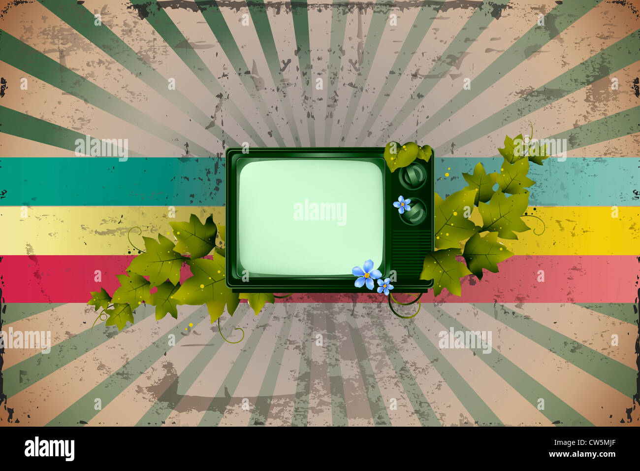 Vecchia TV retrò e foglie con sfondo colorato Foto Stock