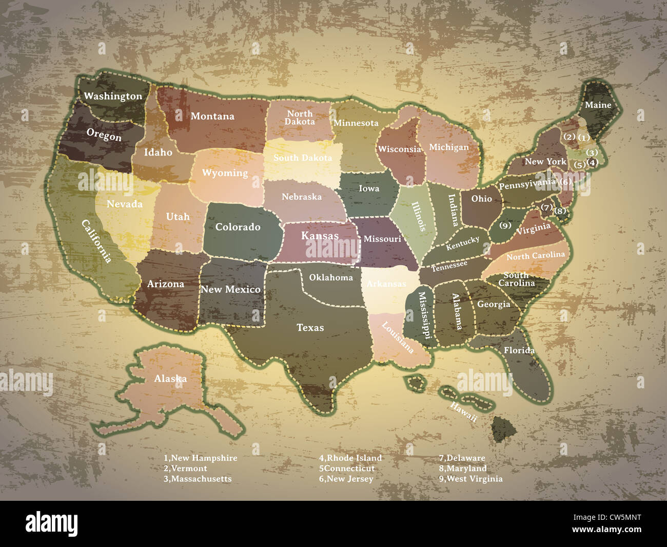Antichi colori Vintage Mappa Stati Uniti d'America Foto Stock