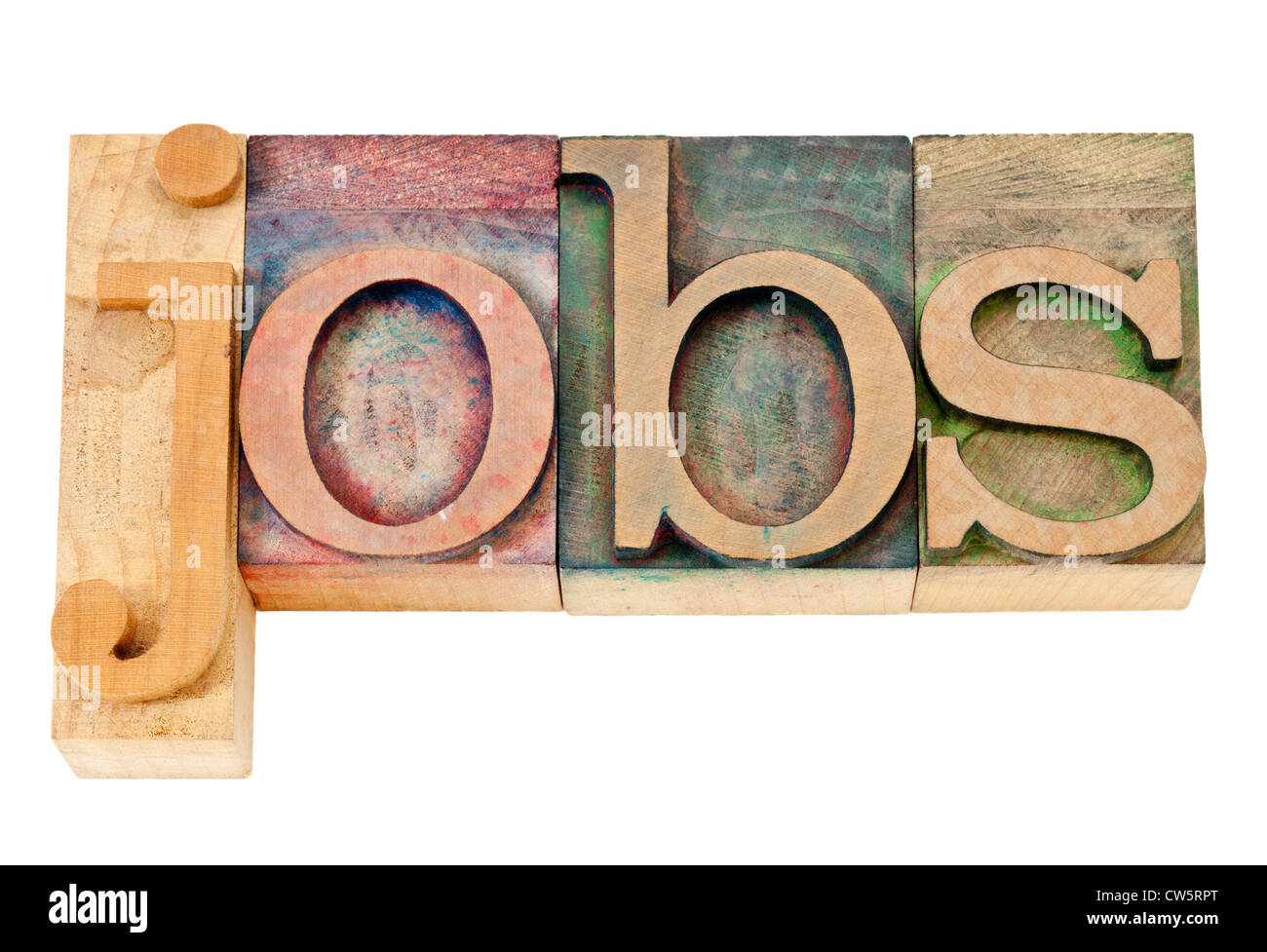 Lavori - testo isolato in rilievografia vintage tipo di legno colorati da inchiostri a colori Foto Stock