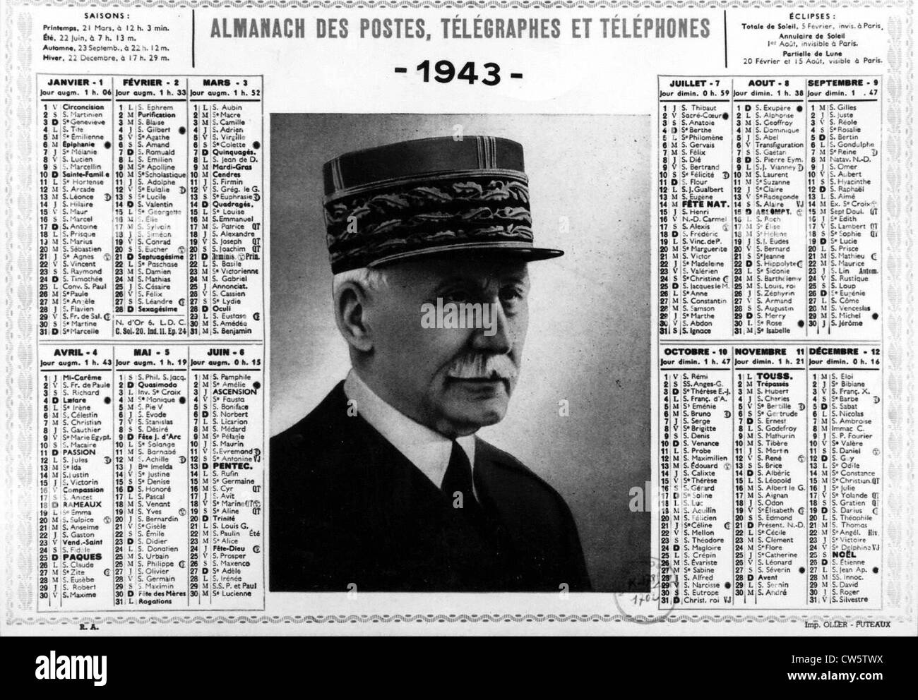 Almanach del francese post, telegraphe e telefono ufficio con un ritratto del maresciallo Pétain 1943 Foto Stock