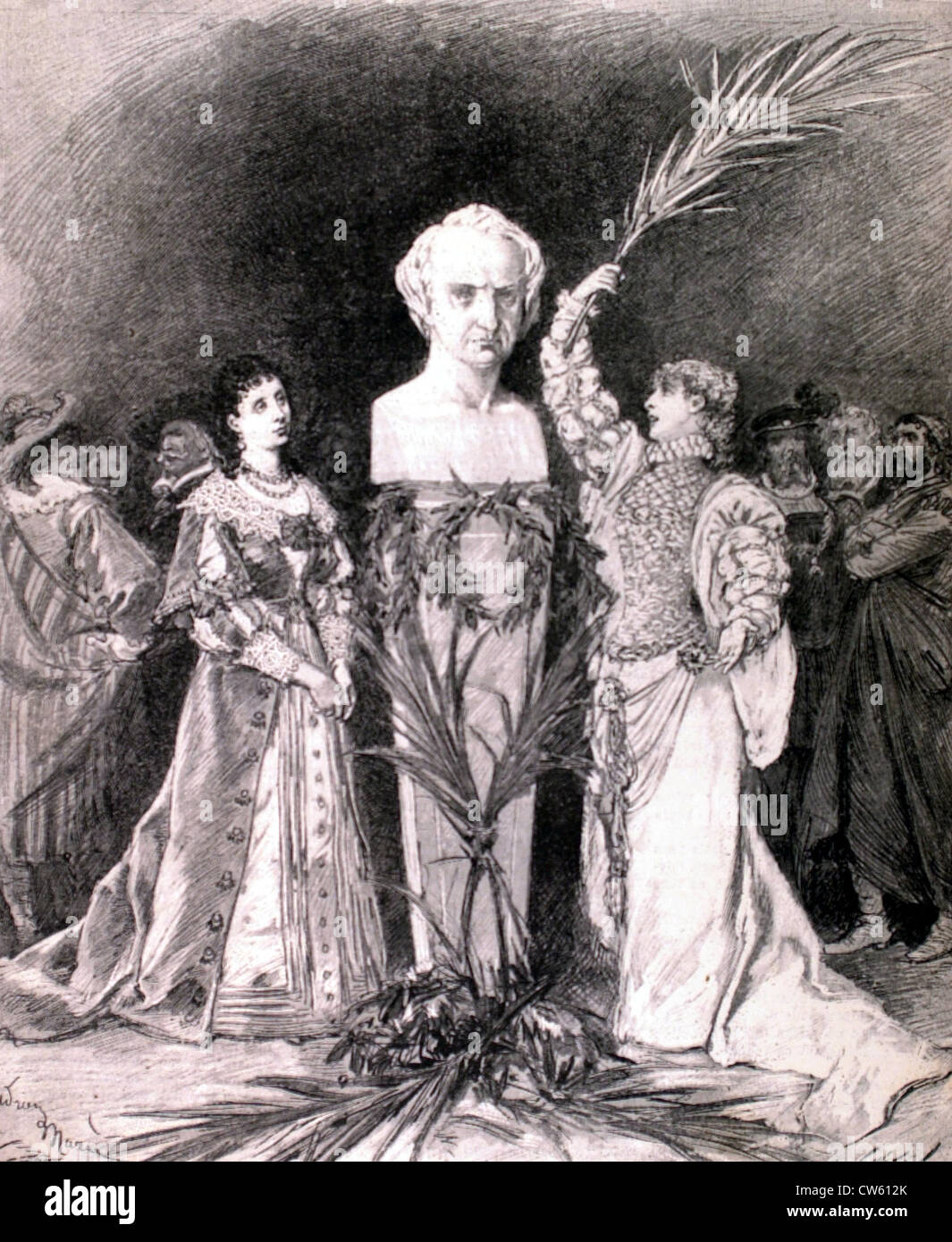 Sarah Bernhardt recita "la battaglia di Hernani' davanti al busto di Victor Hugo (1880) Foto Stock