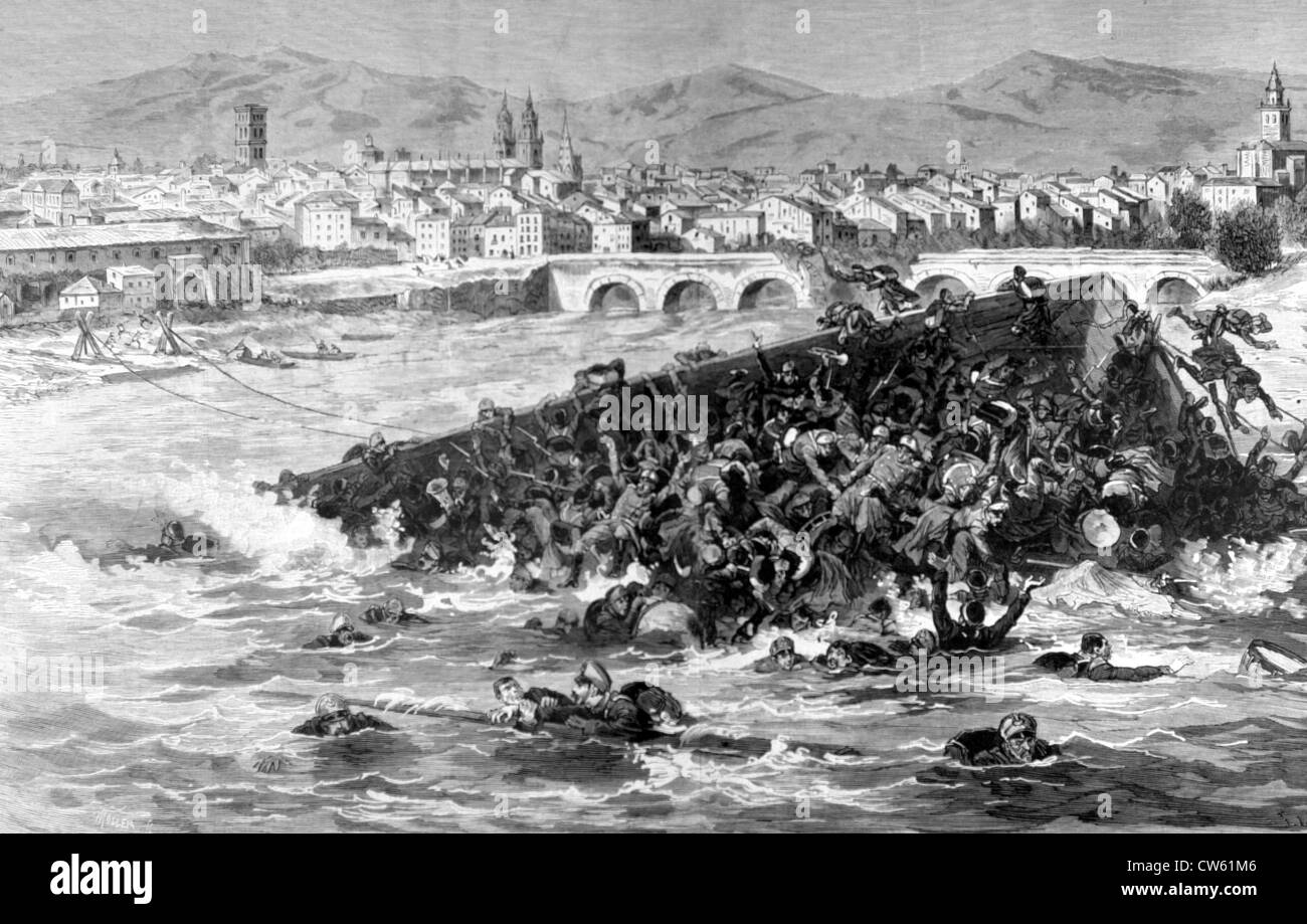 In cerca di cadaveri dopo il disastro della Logrono flying bridge (9-1-1880) Foto Stock