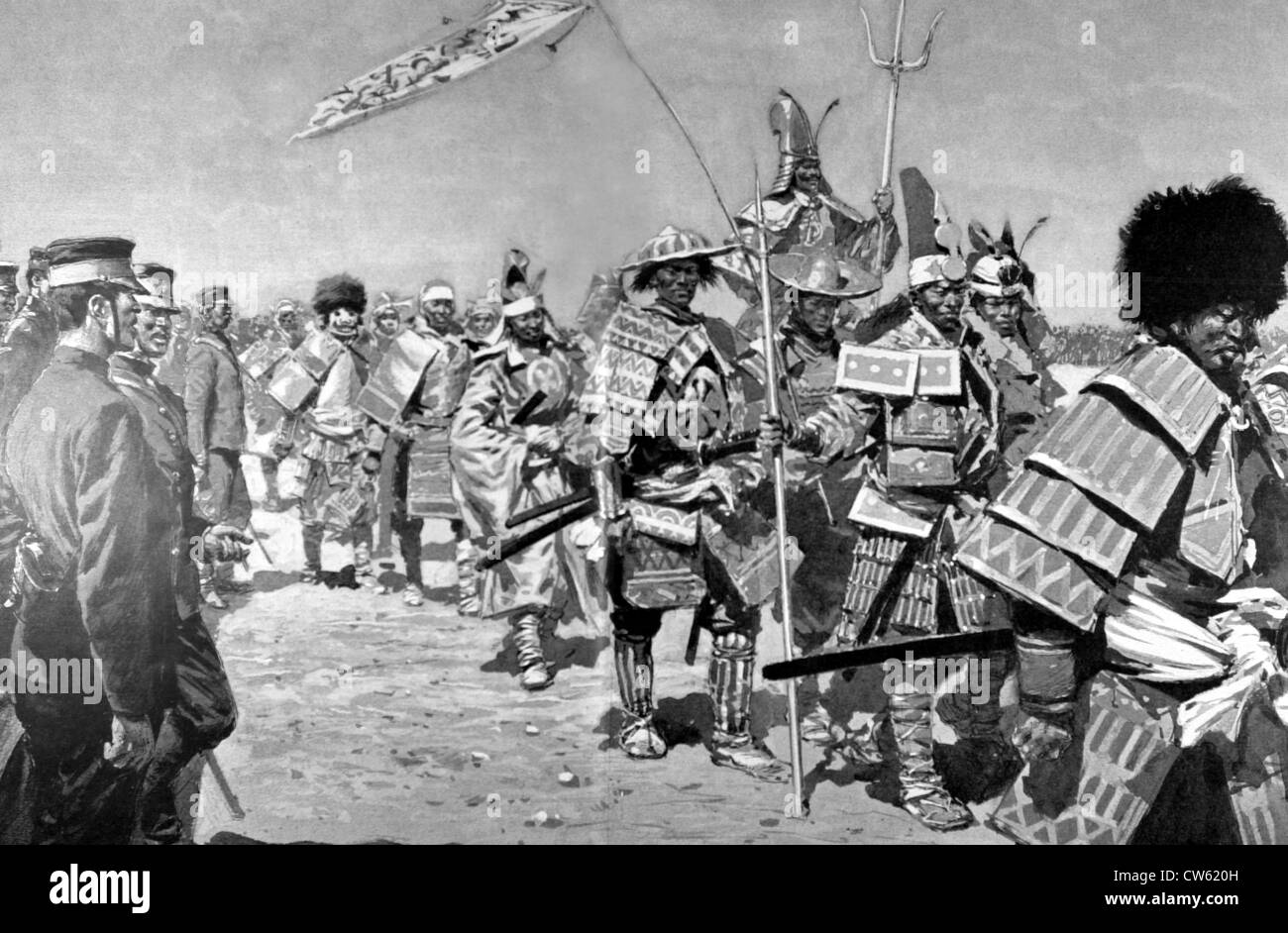 Soldats vestito come 'samurais', sfilando davanti ai loro compagni di armi in onore dei morti (1905) Foto Stock