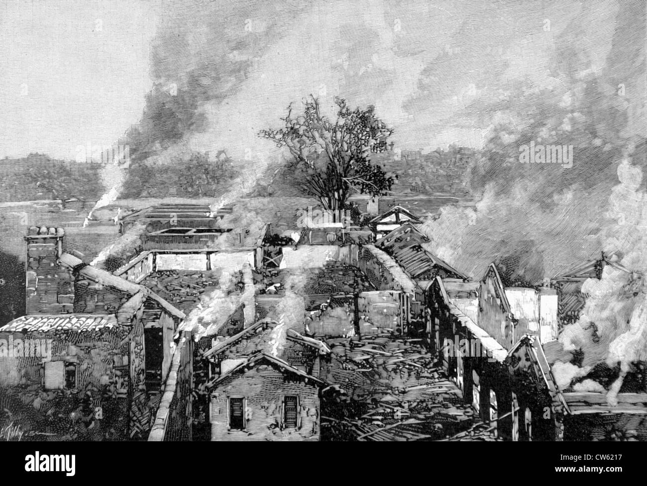 Case incendiate dai cinesi intorno alla legazione americana durante il Boxer Rebellion (1900) Foto Stock