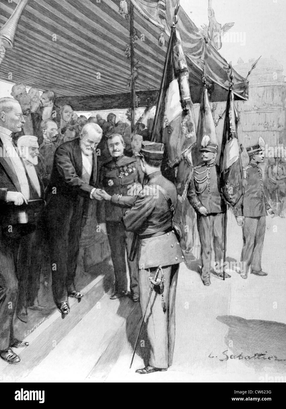 Boxer Rebellion. Solenne des drapeaux, par le président Loubet, au corps expéditionnaire de Chine, à Marseille (1900). Foto Stock