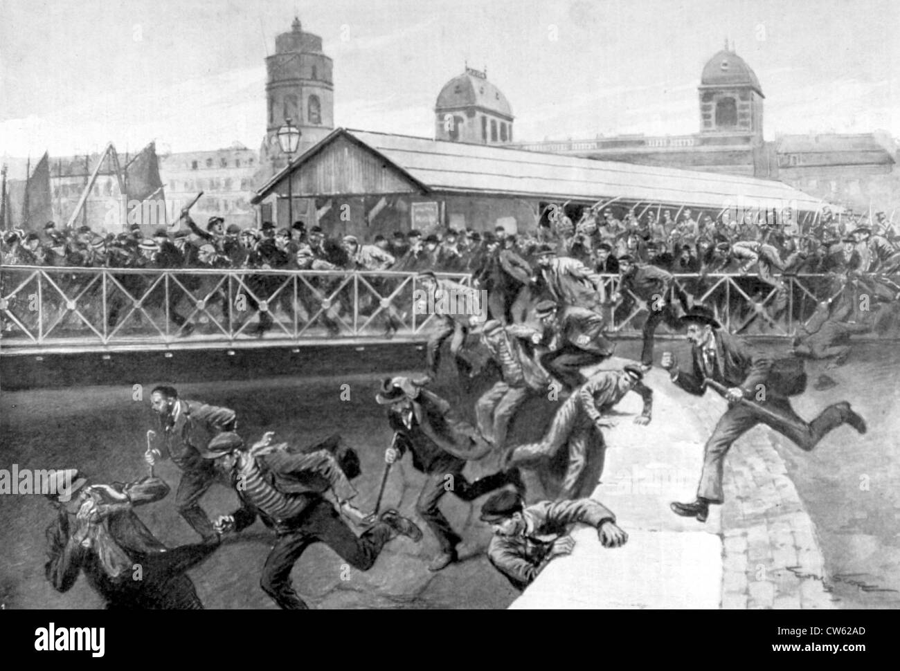 Rivoltosi in fuga sul ponte girevole di quella del porto di serratura, durante i percussori' dimostrazioni in Dunkerque, Ottobre 23, 1902 Foto Stock