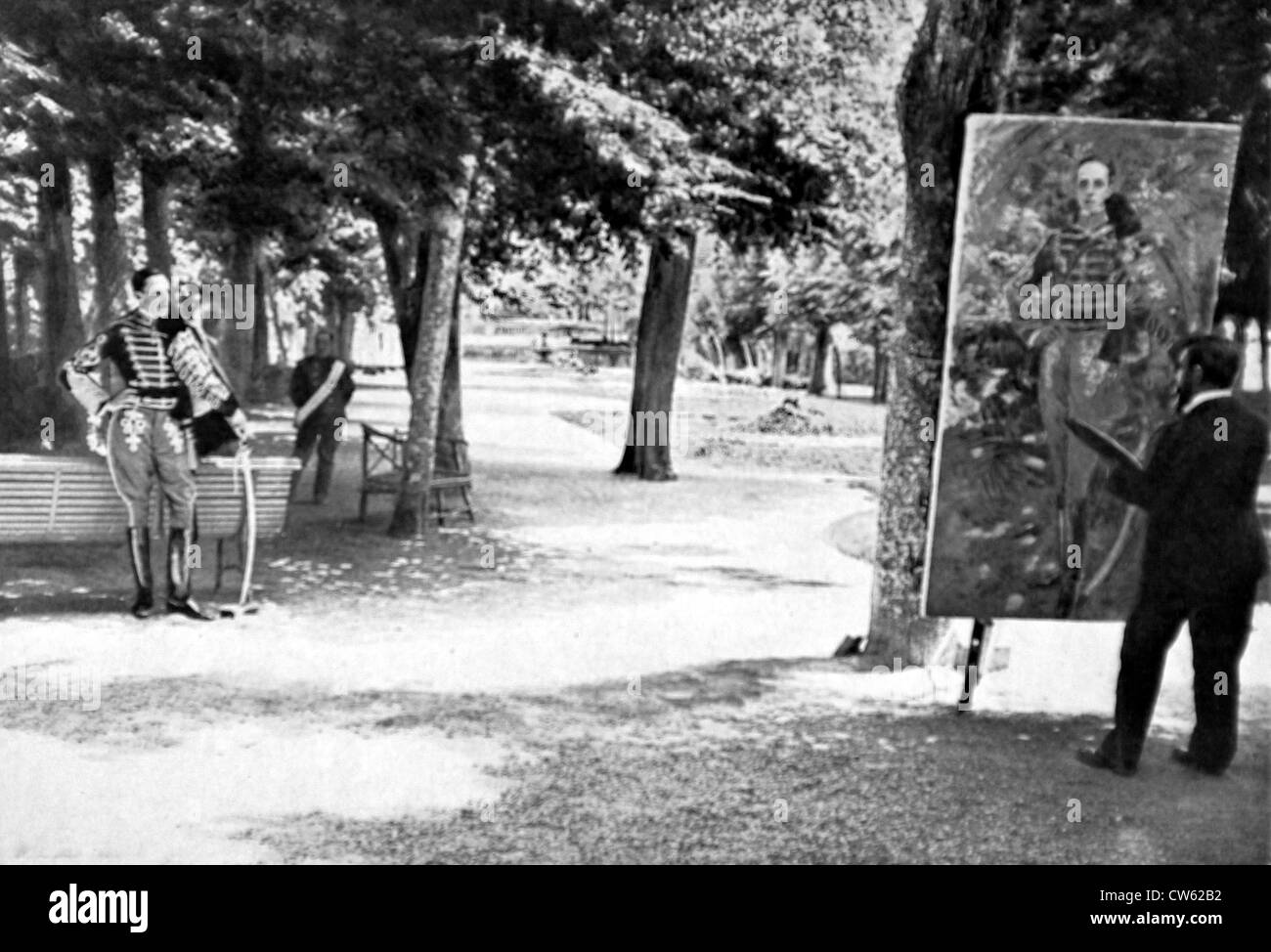 Alfonso XIII di Spagna che pongono nel parco di La Granja castello, prima di pittore Sorolla, nel 1907 Foto Stock