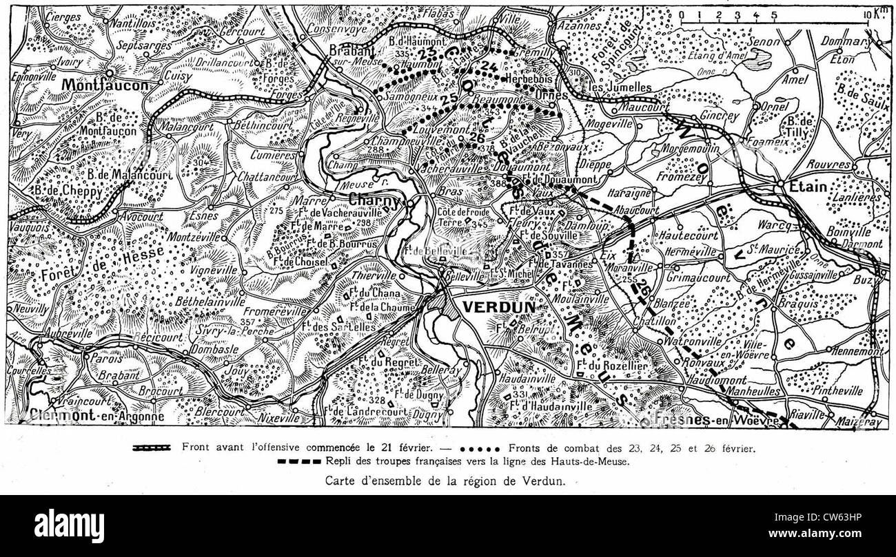 Mappa dell'area di Verdun durante i combattimenti Foto Stock
