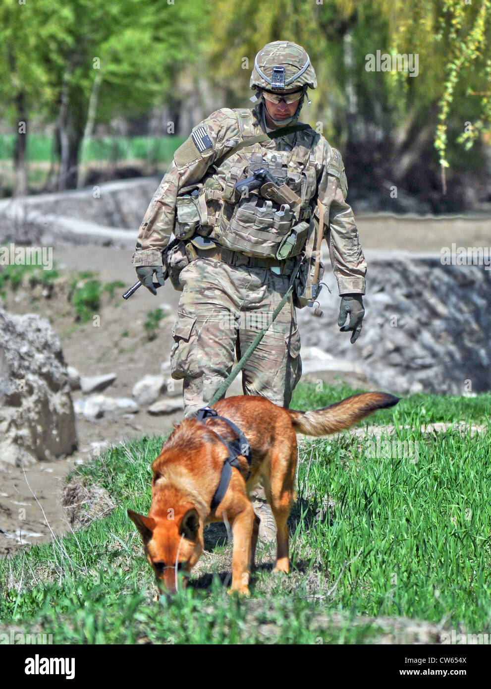 Un soldato americano di pattuglia con un militare di cane da lavoro, 11 aprile 2012 di Jani Khel distretto, Afghanistan. Foto Stock