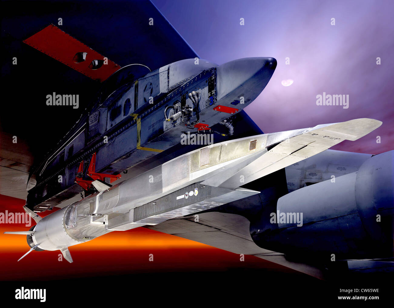 Un grafico che mostra l'X-51A Waverider un volo ipersonico veicolo alimentato da un Pratt Whitney Rocketdyne SJY61 scramjet motore, è progettato per correre sulla propria shockwavem e accelerare fino a circa Mach 6. Foto Stock