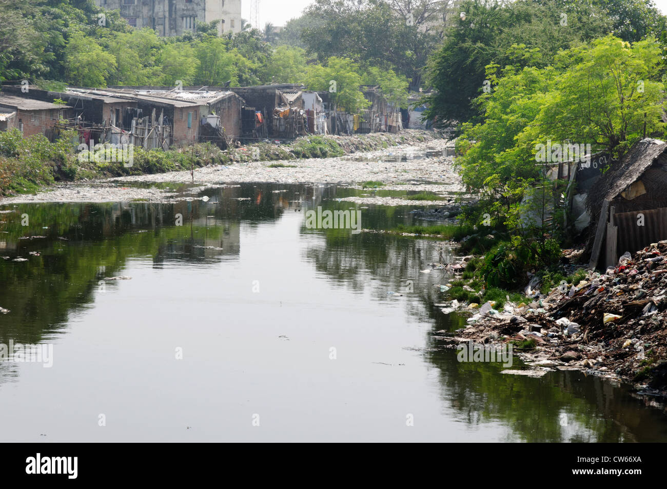 Una sudicia fiume inquinato in India Foto Stock