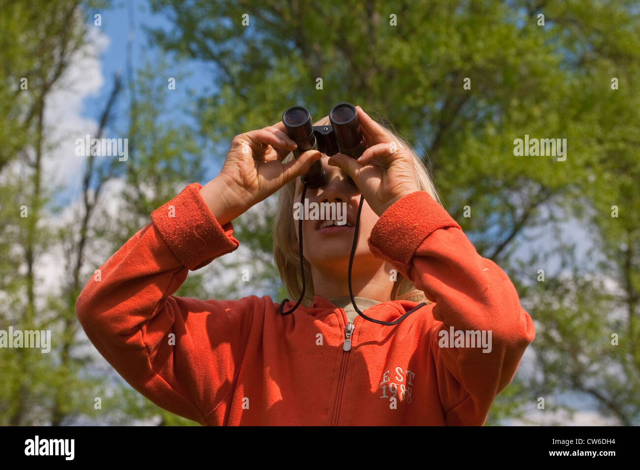 Ragazzo con il binocolo la visione di uccelli, Germania Foto Stock