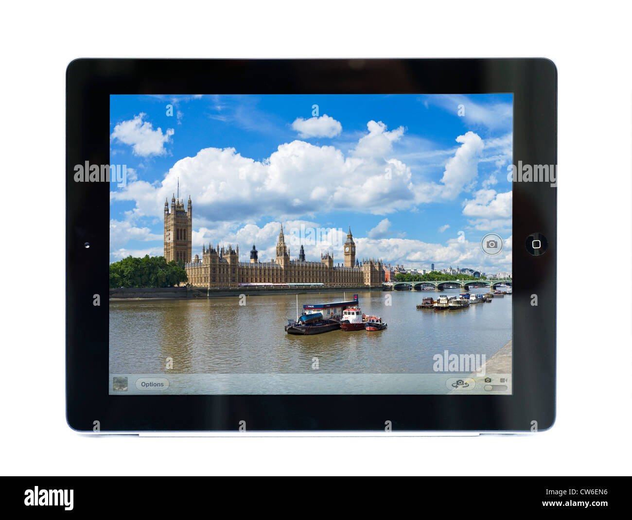 Fotocamera su un Apple iPad 3 che mostra le case del parlamento di Londra, Inghilterra Foto Stock