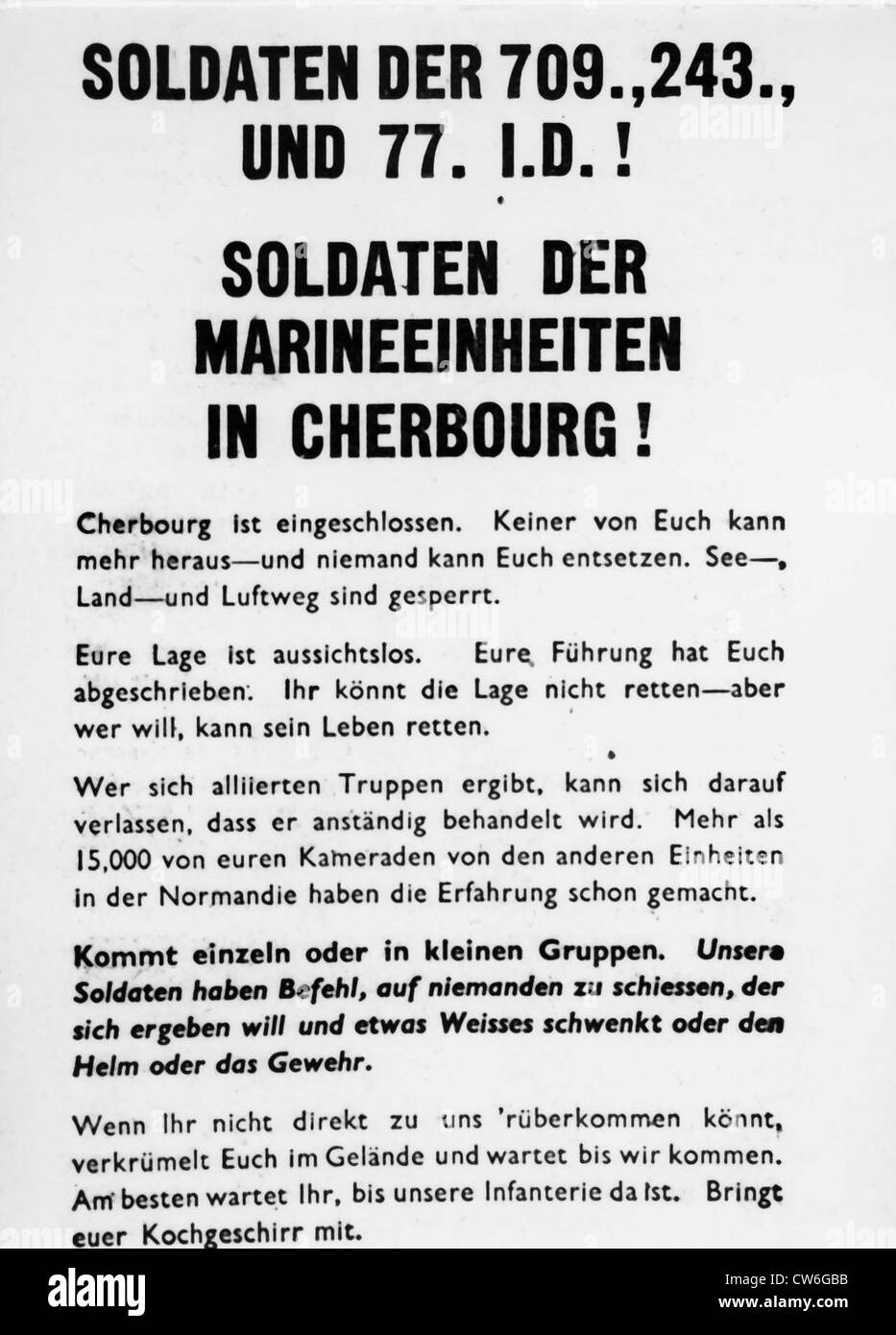 Foglio illustrativo lanciata dalle forze aeree alleate per le truppe tedesche a Cherbourg (giugno 1944) Foto Stock