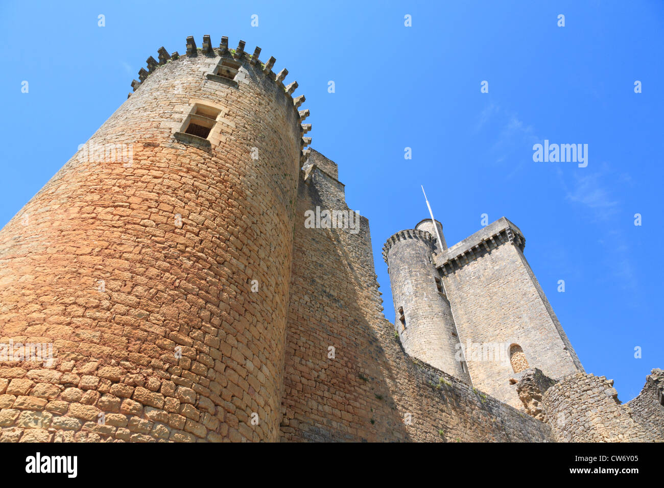Cerca fino a una torre del Chateau de Bonaguil Foto Stock