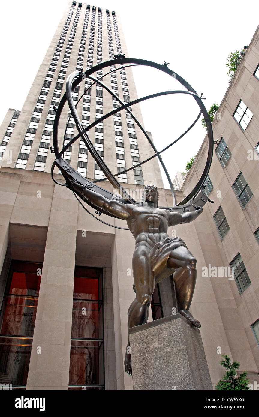 Atlas statua Rockefeller Plaza Centre di New York City Manhattan American Stati Uniti d'America Foto Stock