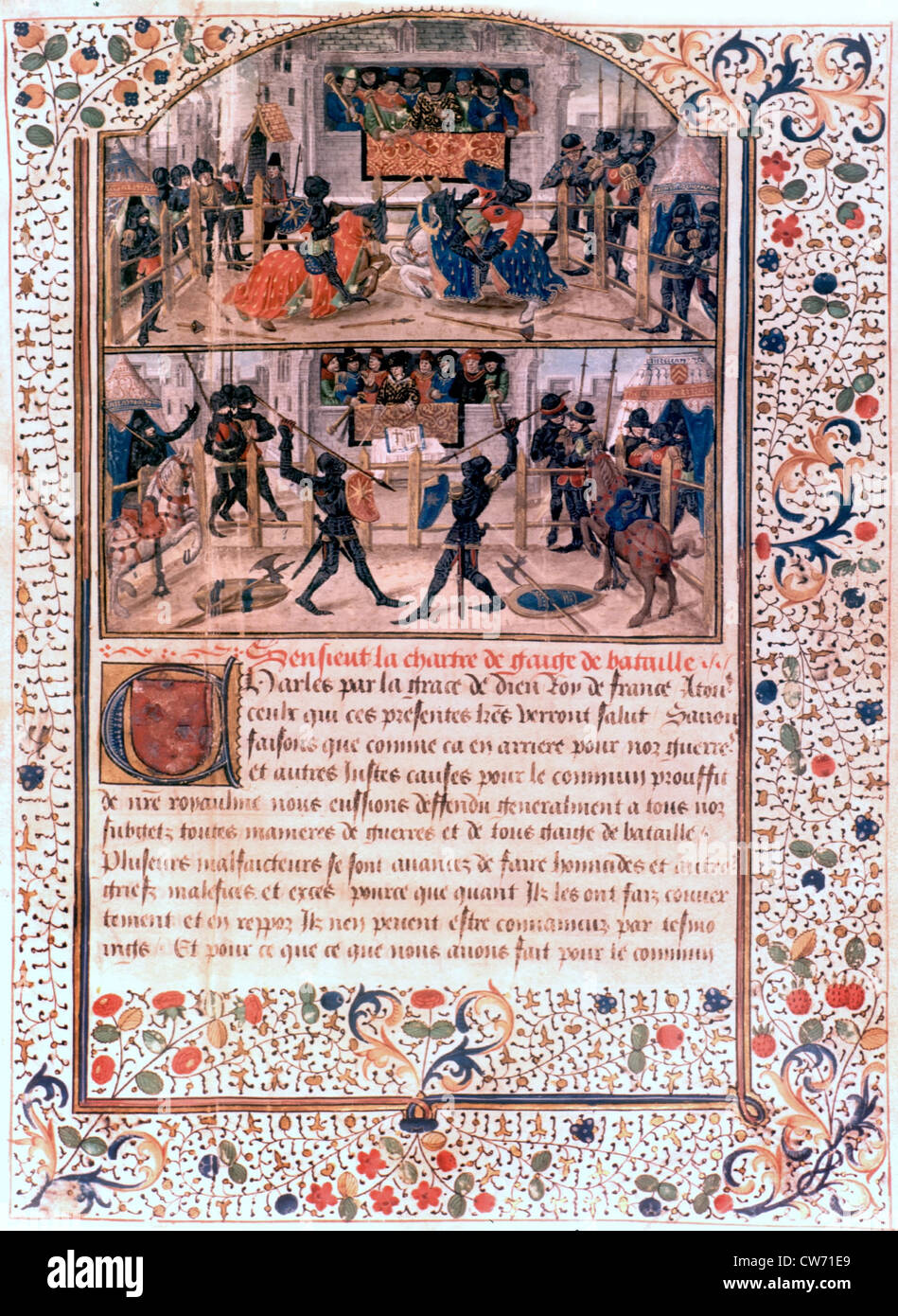 Manoscritto francese (1460-70). Carta delle regole del torneo Foto Stock