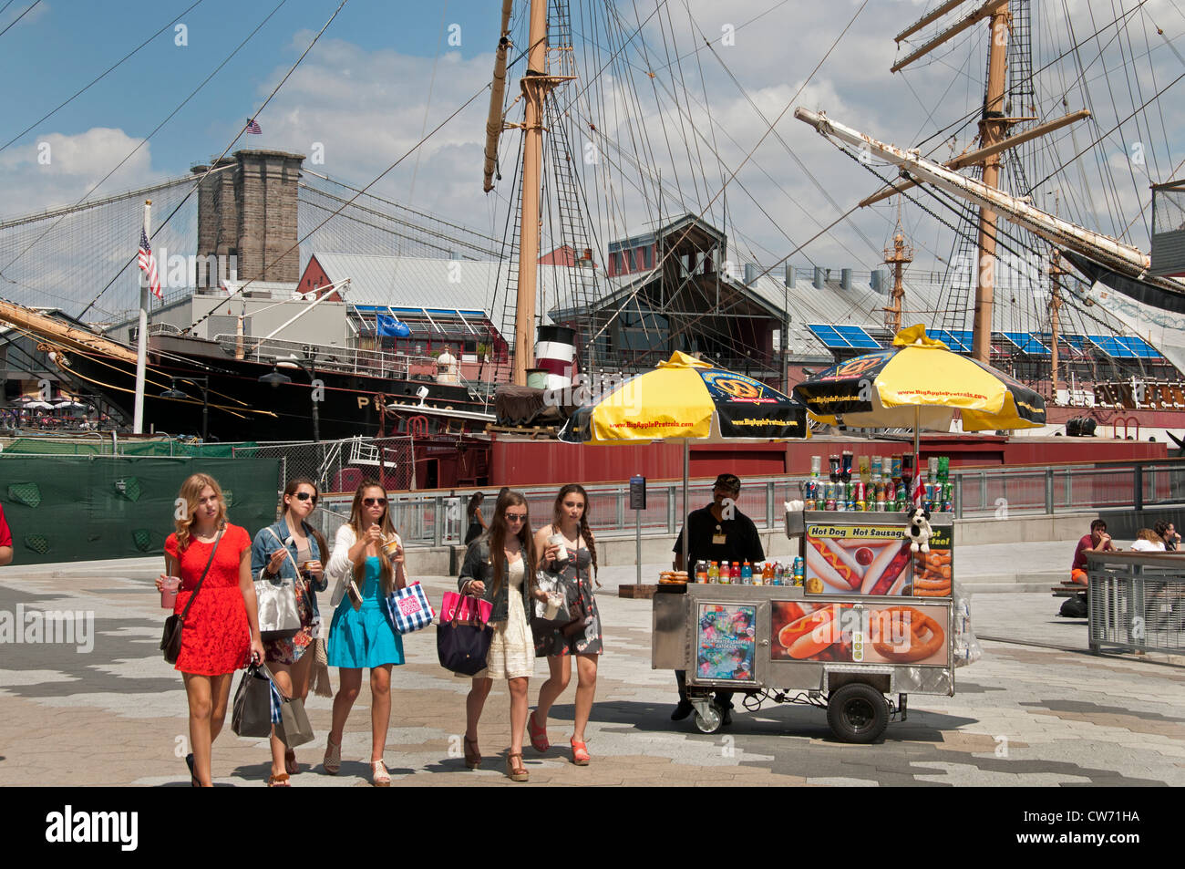 Pier 17 South Street Seaport a Manhattan il quartiere finanziario. New York City Manhattan fast food hot dog Foto Stock