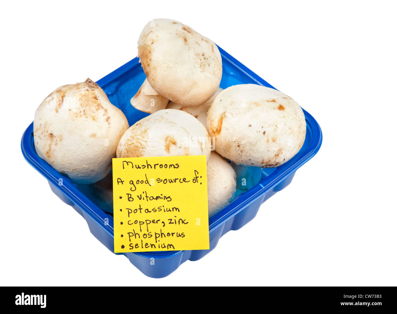 Funghi con signage promuoverli come una buona fonte di vitamina b, potassio, rame, fosforo, zinco e selenio. Foto Stock