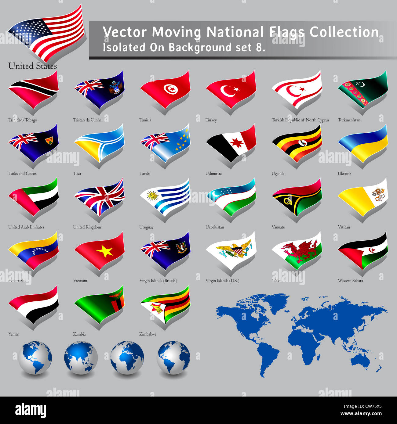 Spostando le bandiere nazionali del mondo isolati set 8 Foto Stock