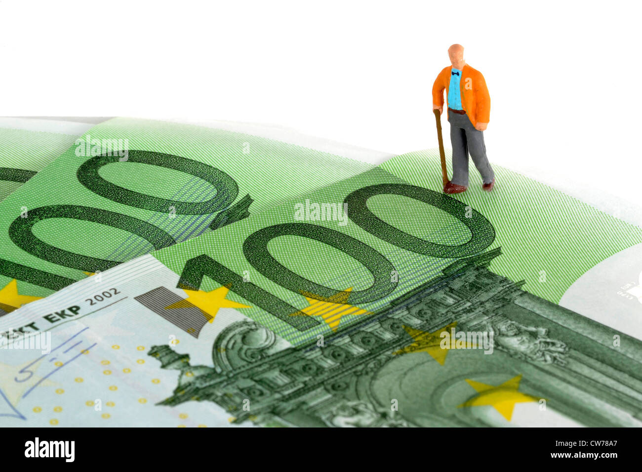 Immagine simbolica per pesion e fornitura per la vecchiaia, poco figura sulle banconote Foto Stock