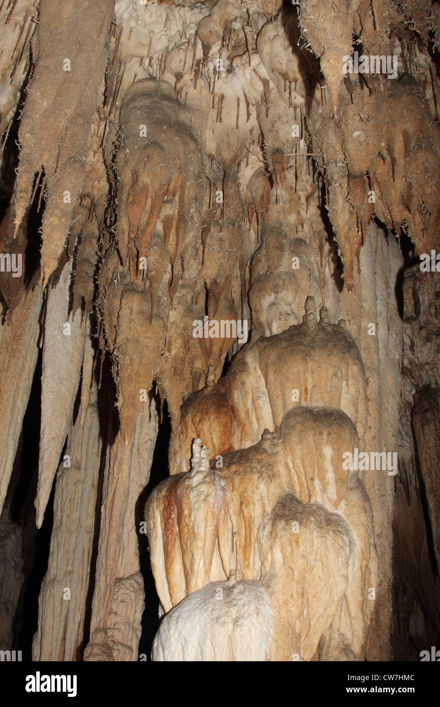 Stranamente sagomate stalattiti e dripstone cascata presso la grotta di stalattiti a Cheow Lan Lake, Thailandia Phuket, Khao Sok NP Foto Stock