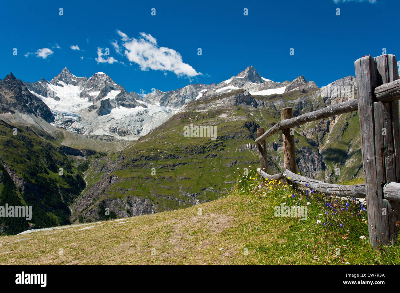 Vista panoramica in estate delle alpi svizzere come visto da Sunnegga, Zermatt, Vallese, Svizzera Foto Stock
