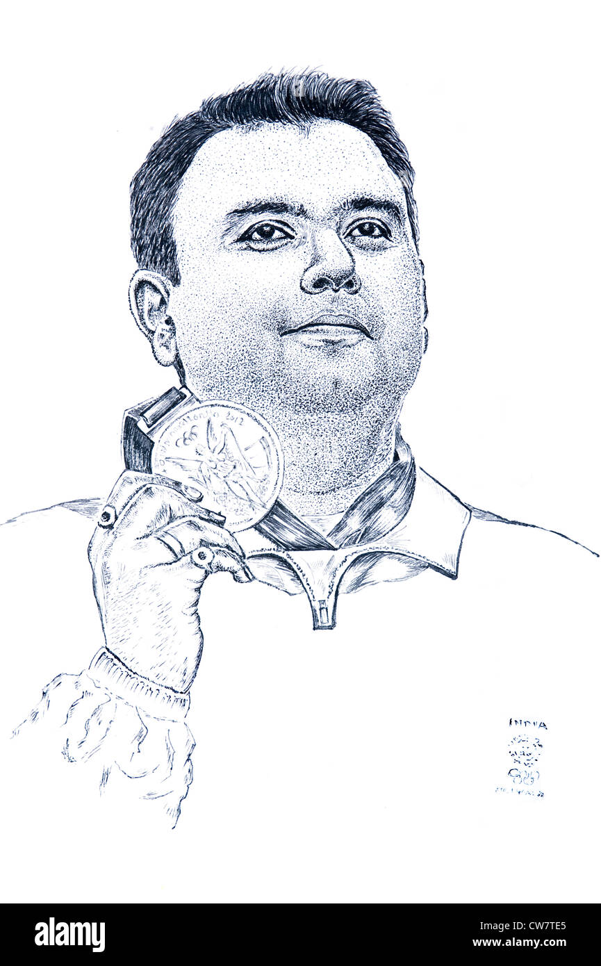 Illustrazione di Gagan Narang tenendo le 2012 Olimpiadi di estate con la medaglia di bronzo che ha vinto negli uomini 10 m Air Rifle evento Foto Stock