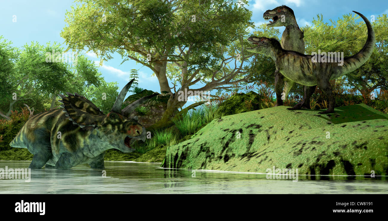 Due dinosauri Tyrannosaurus ruggito in frustrazione come Coahuilaceratops dinosauro utilizza l'acqua come un rifugio dagli attacchi. Foto Stock