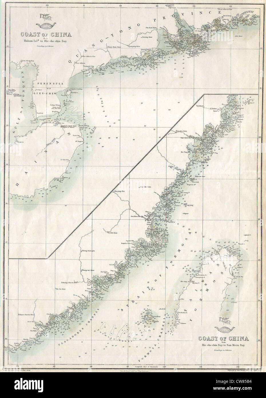1863 "Cassell la spedizione Atlas' Mappa di Taiwan - Formosa ^ La costa di Hainan in Cina Foto Stock