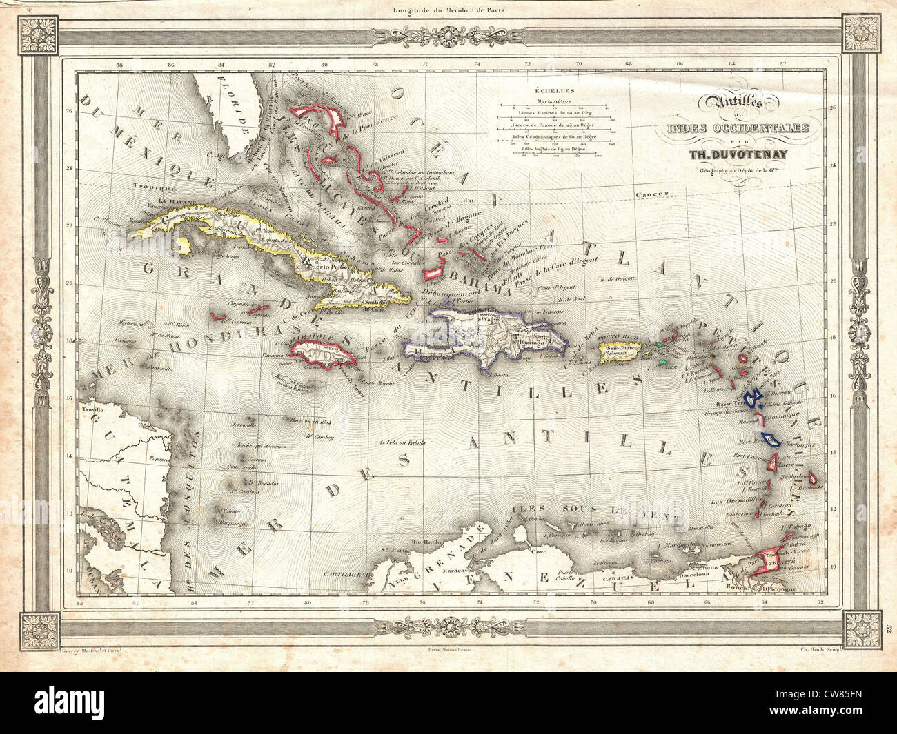 1852 Duvotenay mappa delle Indie occidentali Foto Stock