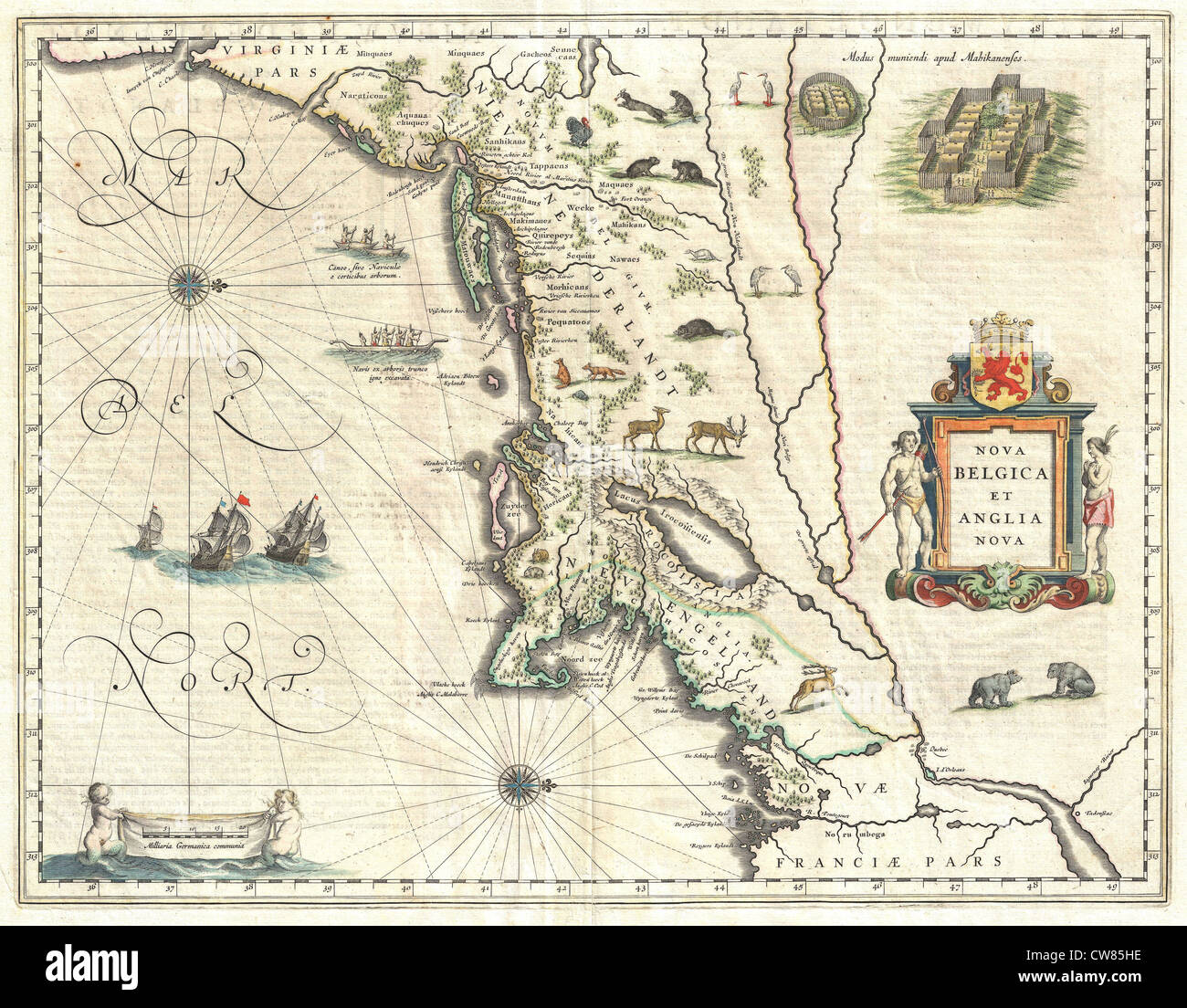 1635 Blaeu Mappa del New England e New York (prima rappresentazione di Manhattan come un'isola) Foto Stock