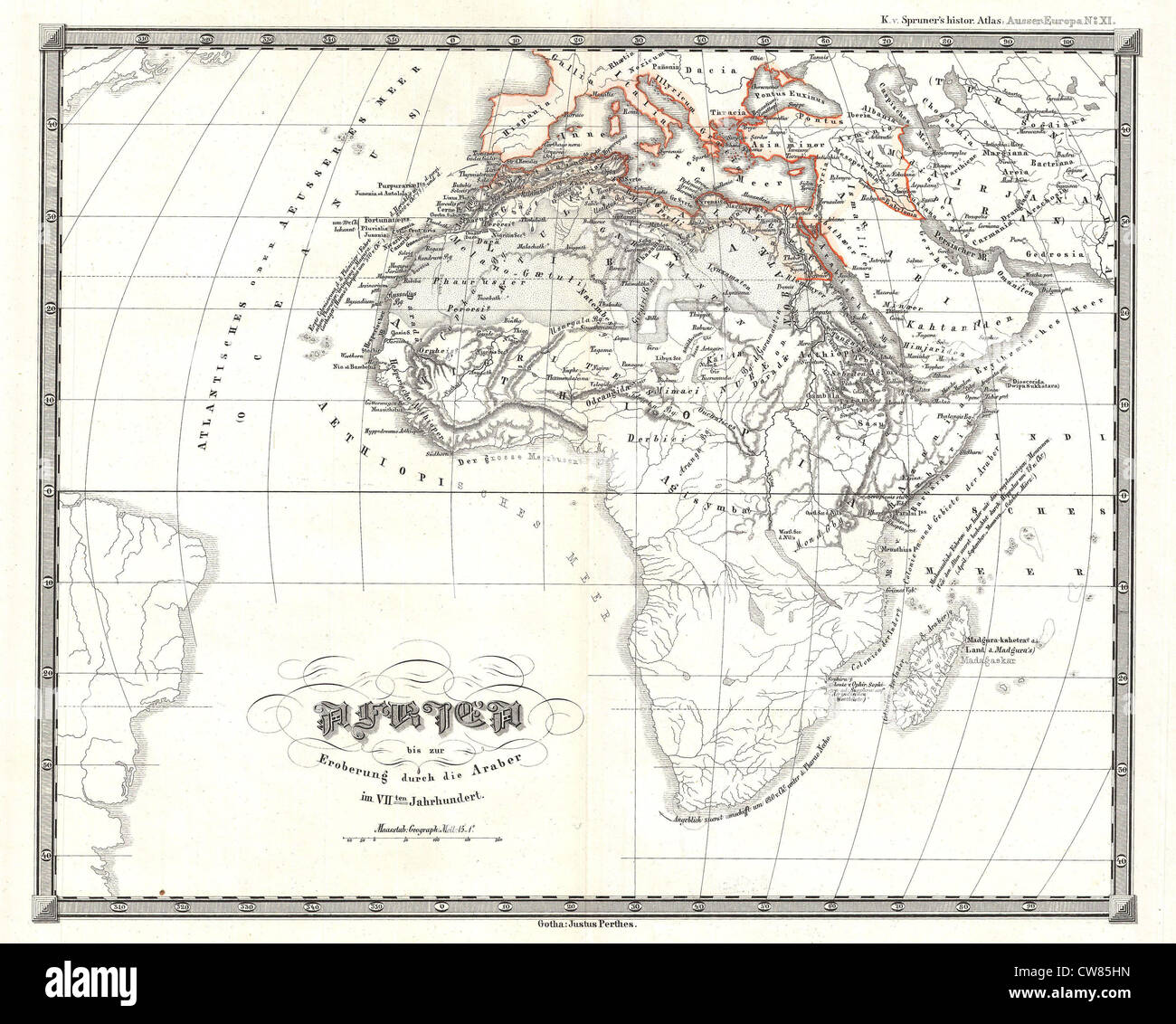 1855 Spruner Mappa di Africa fino alla conquista araba nel VII secolo Foto Stock