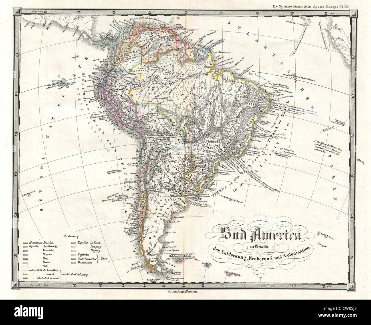 1855 Spruner Mappa di Sud America - Panoramica di scoperta, conquista e colonizzazione Foto Stock
