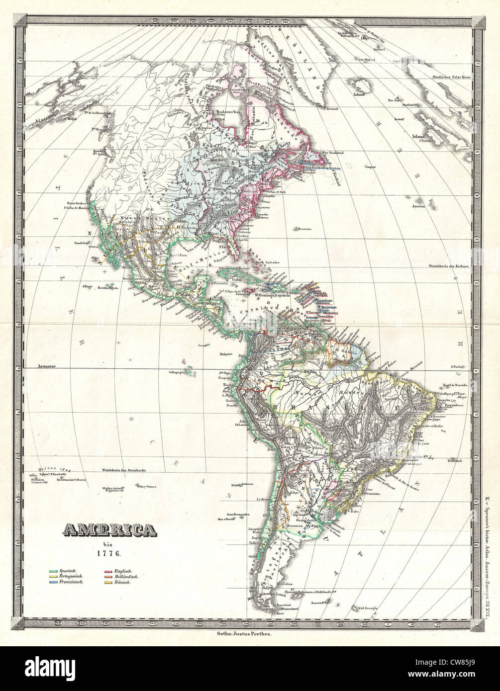 1855 Spruner mappa delle Americhe fino al 1776 Foto Stock
