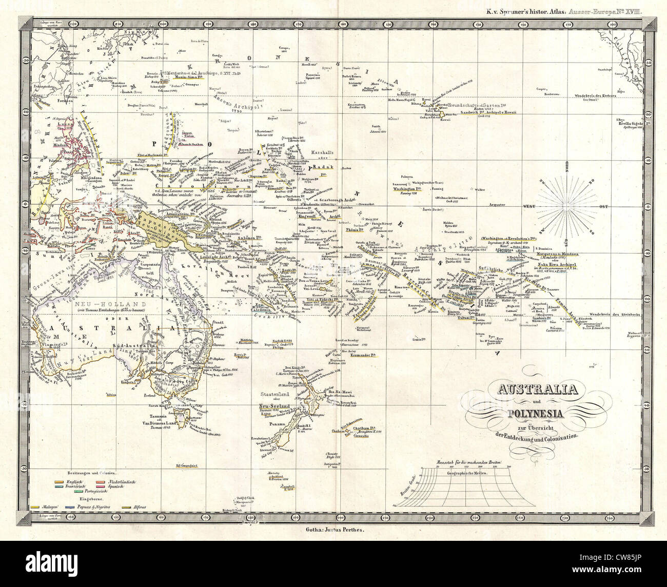 1855 Spruner Mappa di Australia e Polinesia con una panoramica delle scoperte e la colonizzazione Foto Stock