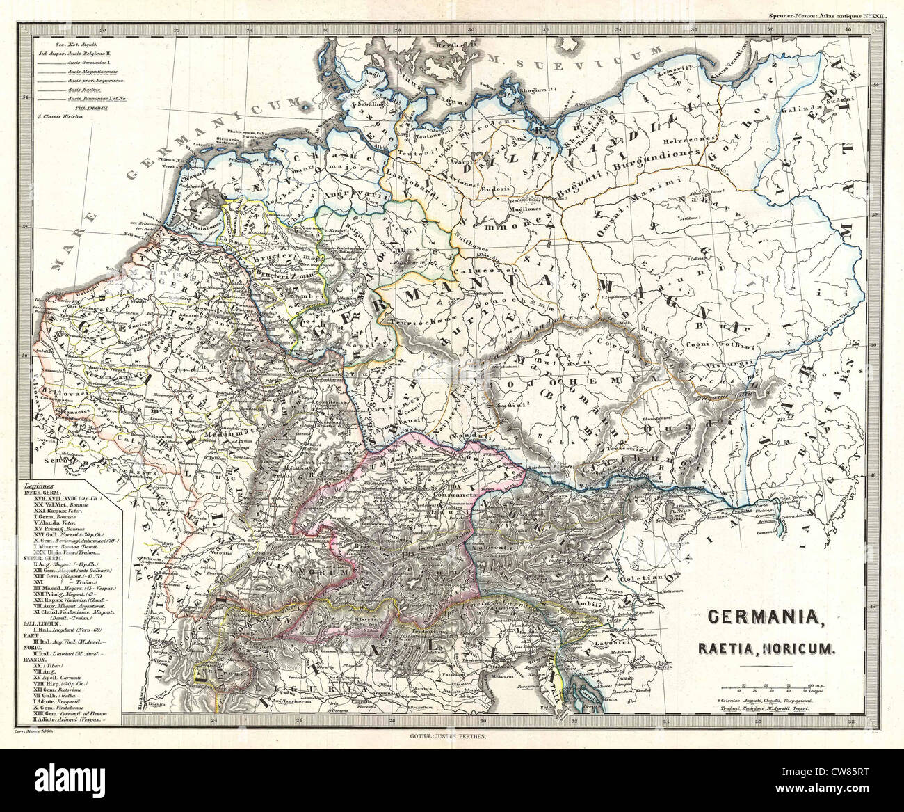 1865 Spruner mappa della Germania in antichità Foto Stock