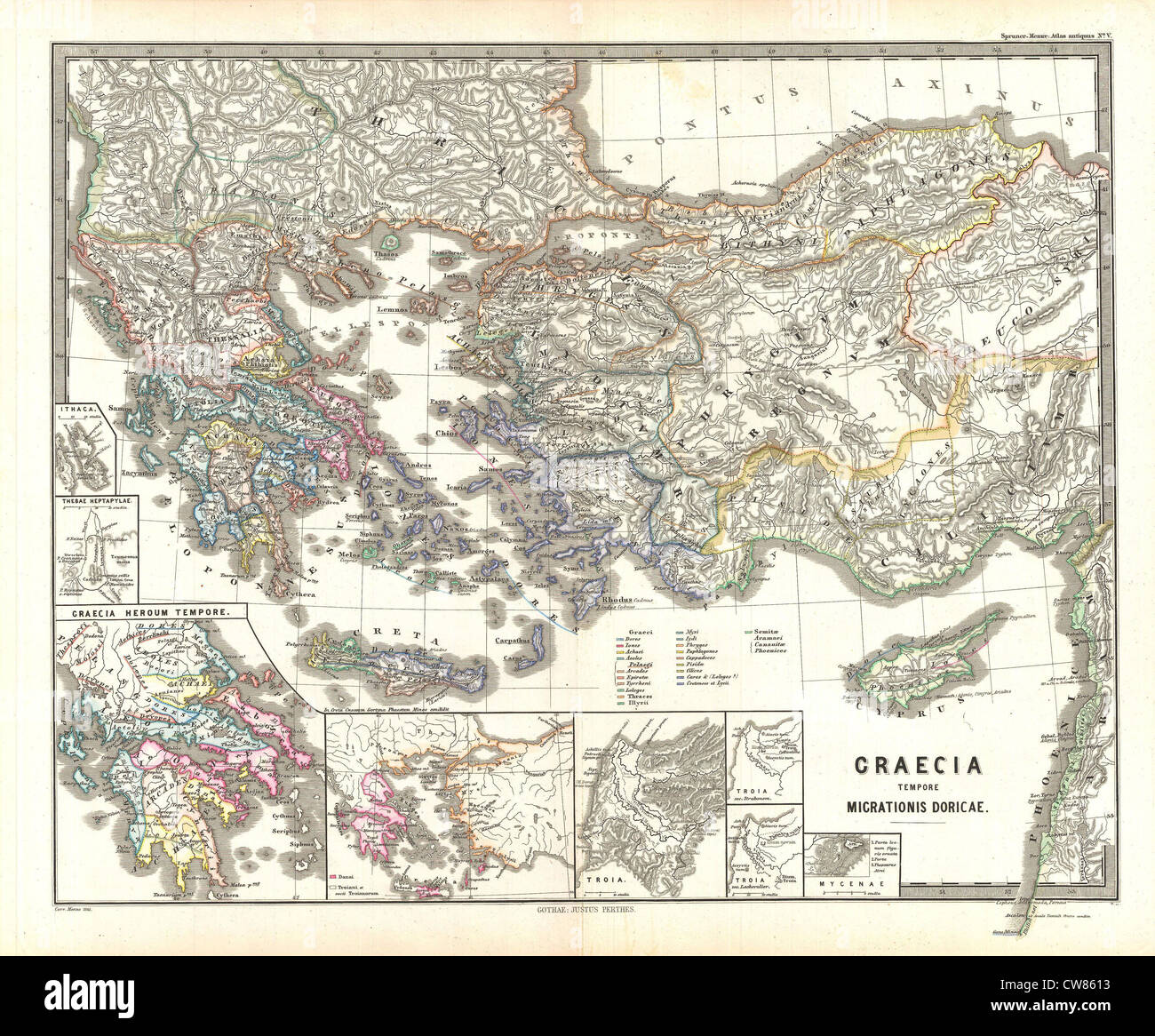 1865 Spruner Mappa di Grecia durante le migrazioni di Dorian Foto Stock