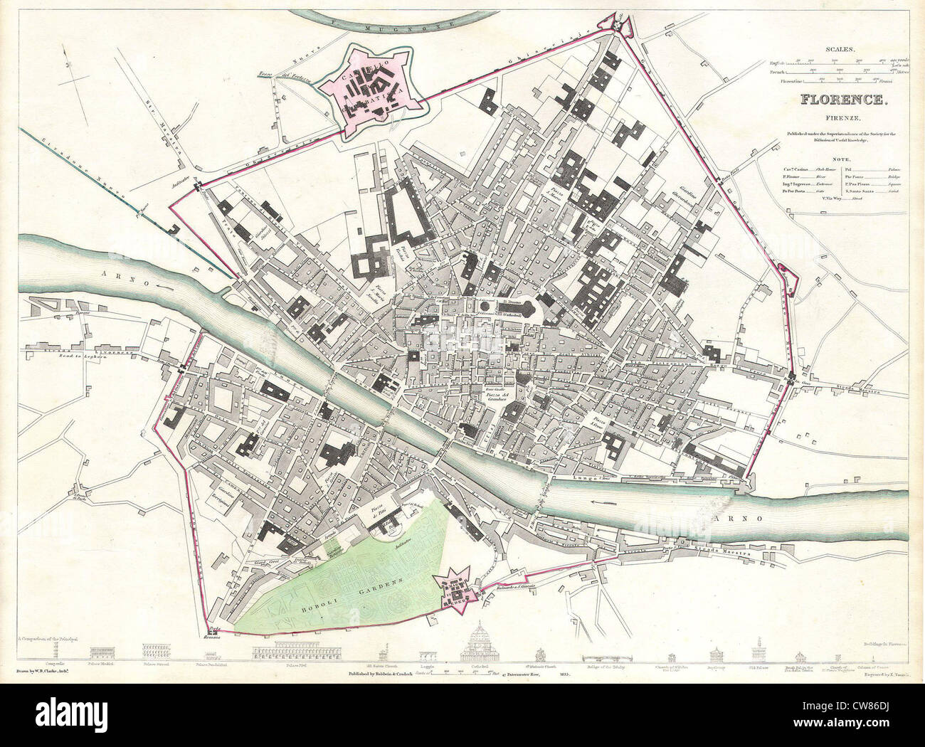 Questa mappa del 1835 della S.D.U.K. (Society for Diffusing Useful Knowledge) fornisce un layout dettagliato di Firenze, Italia, evidenziando strade, monumenti e caratteristiche geografiche chiave della città durante il XIX secolo. Foto Stock