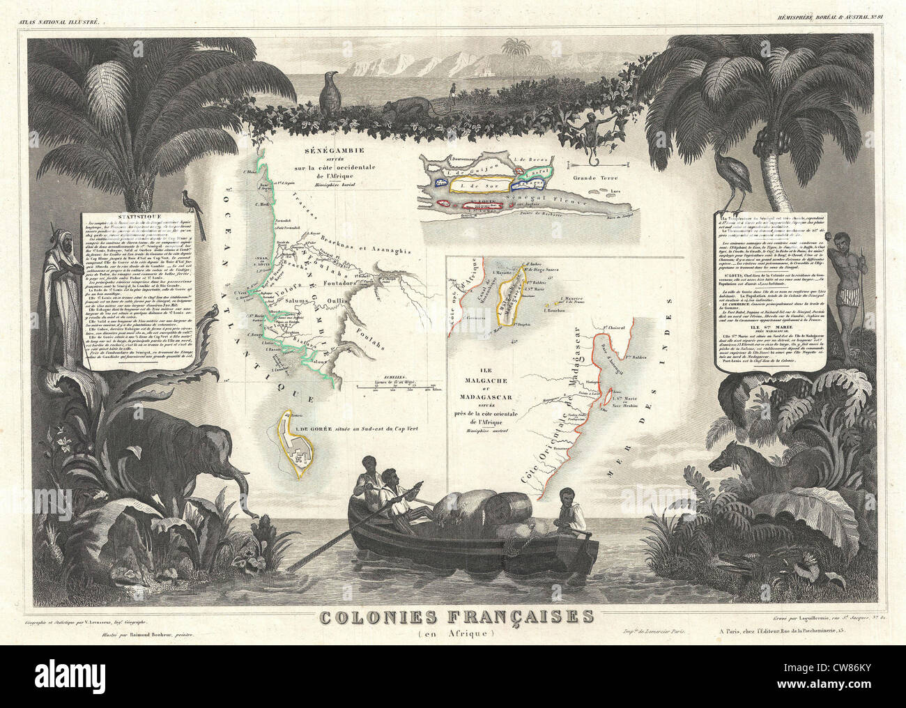 1852 Levassuer Mappa di Senegal, Senegambia e Madagascar Foto Stock
